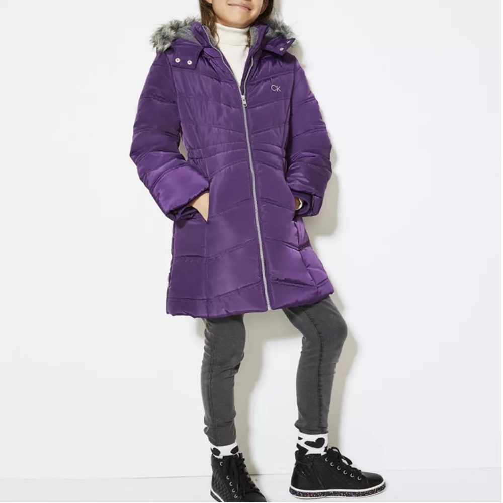 Calvin Klein Girls' Hooded Puffer Jacket purple faux fur trim hood size 12/14